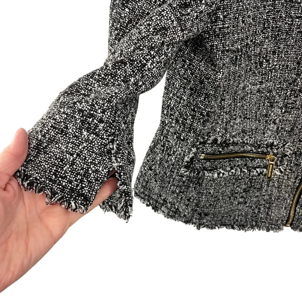 Michael Kors Black White Tweed Zip Front‎ Raw Hem Jacket 12